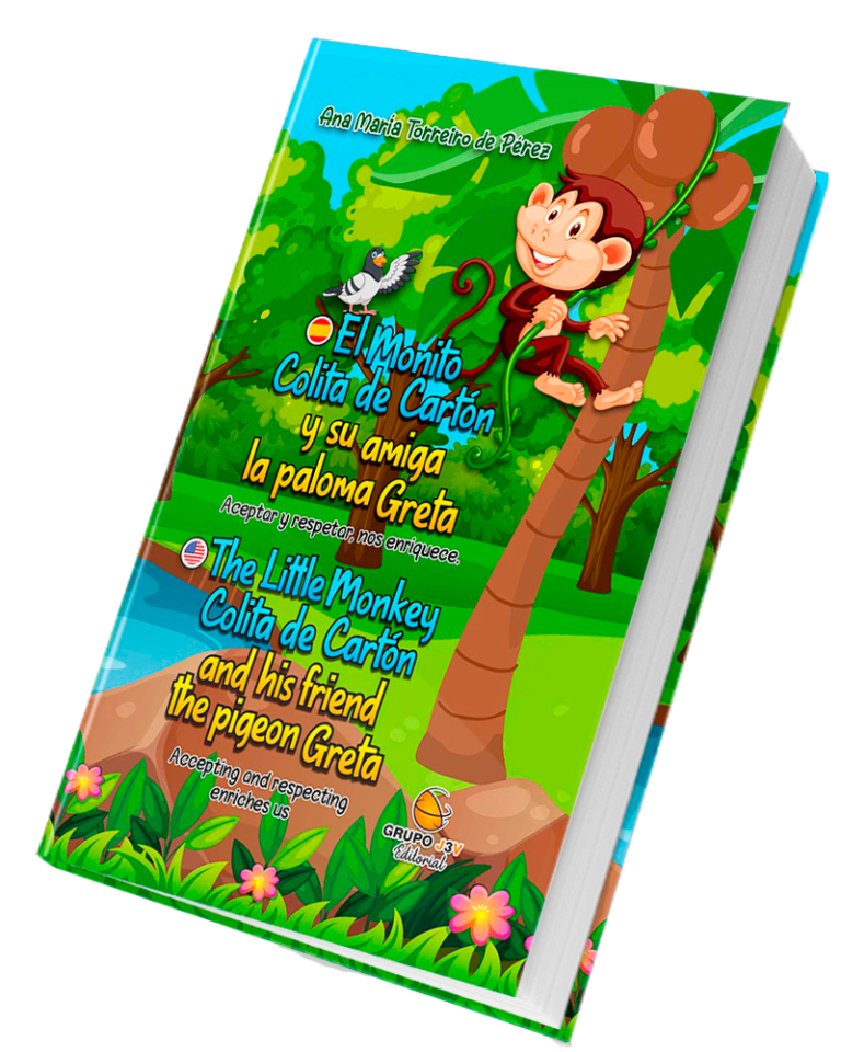 📌 Libro "El Monito Colita de Cartón y su Amiga la Paloma Greta / The Little Monkey Colita de Cartón and his Friend the Pigeon Greta" - Cuento bilingüe español-inglés sobre la amistad y el respeto. Editorial Grupo J3V.